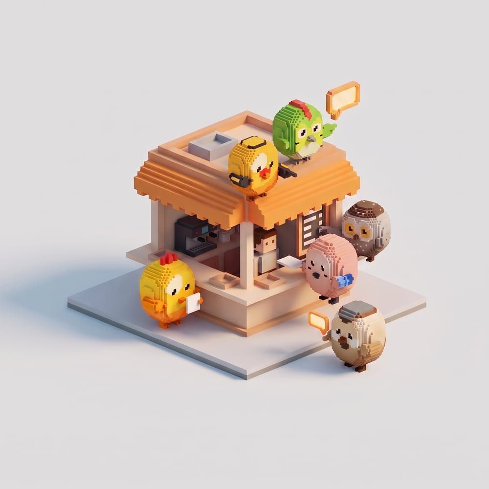 Un kiosque en voxels, avec les agents Hatch OS autour du comptoir