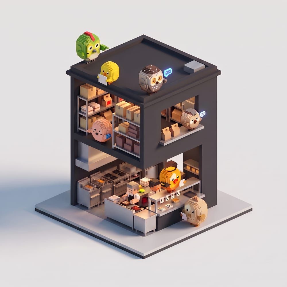 Une dark kitchen en voxels sur deux niveaux, avec les agents Hatch OS en cuisine
