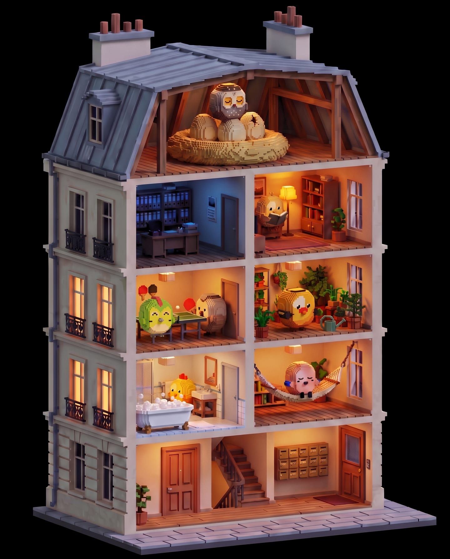 Un immeuble parisien en voxels, vu en coupe, où chaque agent Hatch OS occupe son étage