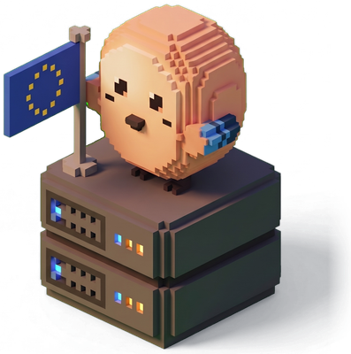 Jay, l'oiseau voxel, sur deux serveurs avec un drapeau européen