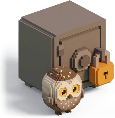 Owl devant un coffre-fort fermé par un cadenas