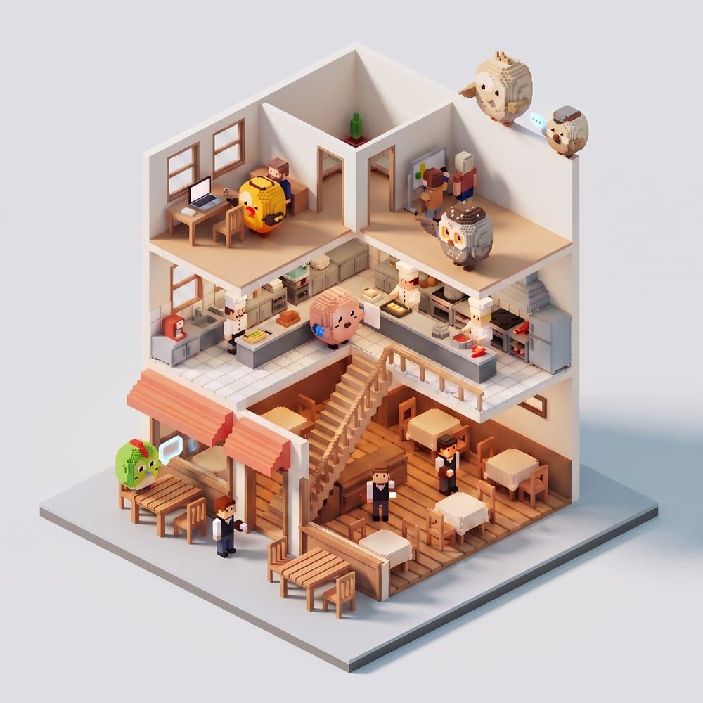 Un restaurant en coupe, en voxels, de la salle au bureau, avec les agents Hatch OS à chaque étage